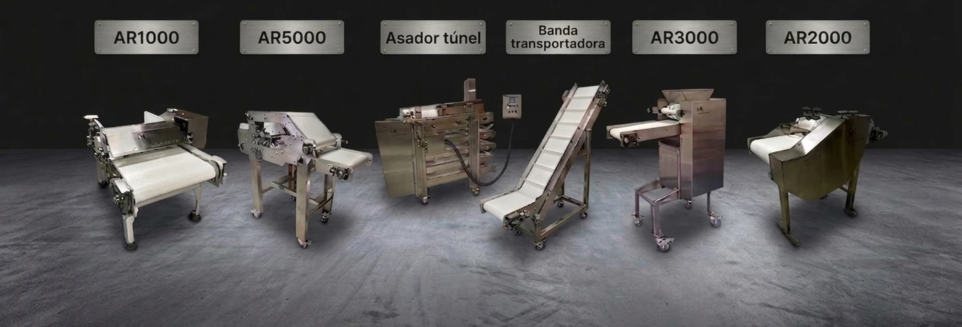 Máquinas industriales para hacer arepas de Chicmachine, rotuladas por modelo: AR1000, AR5000, asador tipo túnel, banda transportadora, AR3000 y AR2000